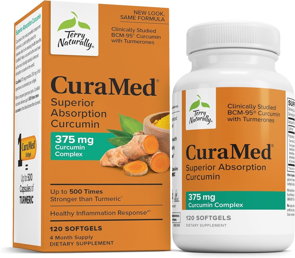 Terry Naturally CuraMed 375mg - Antioksüdandi lisand aju ja immuunsüsteemi tervise toetamiseks - toidulisand kurkumiini ja kurkumi eeterliku õliga - taimse maksa toetus - 120 softgels