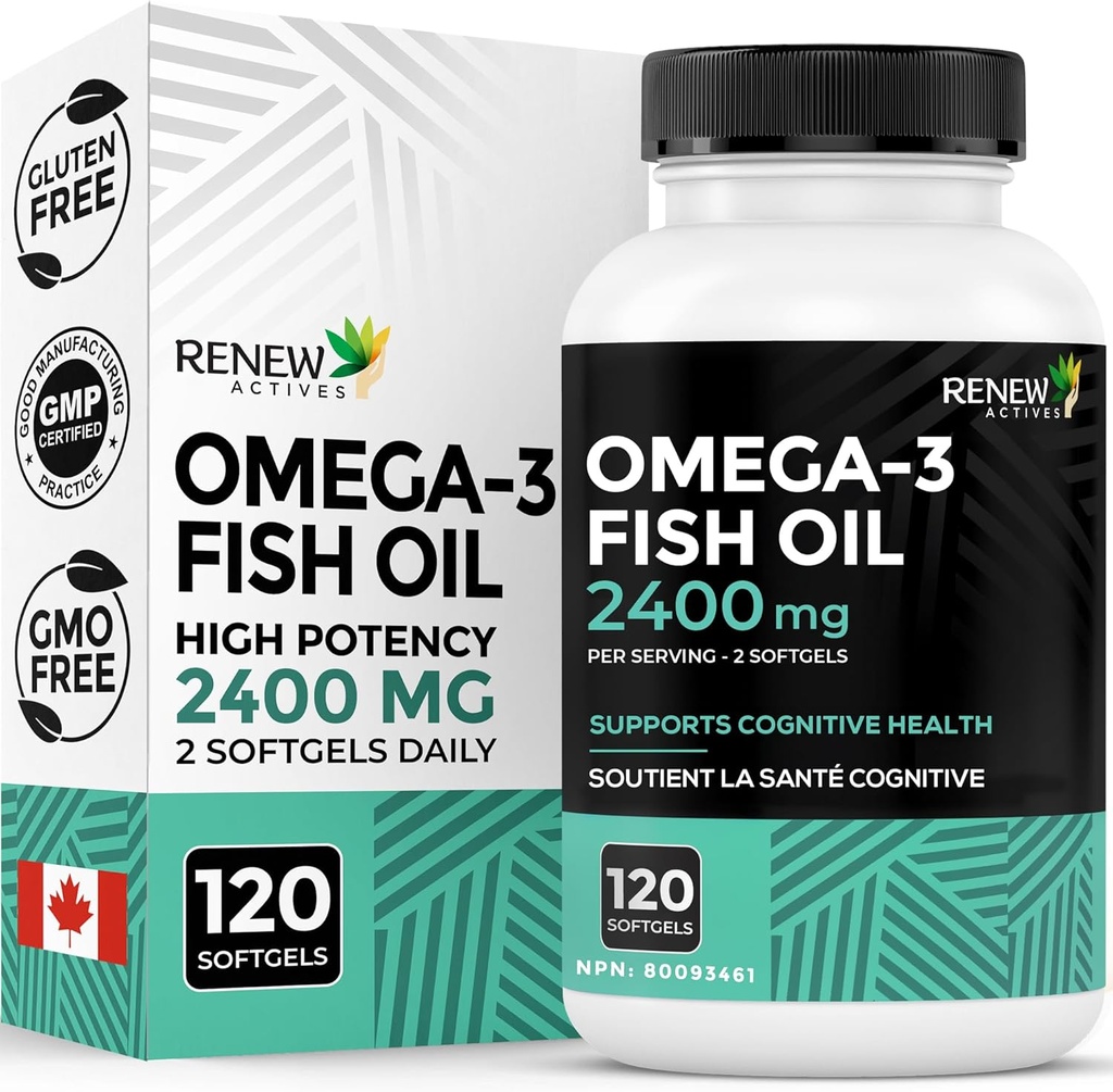 Renew Actives Omega-3 Fish Oil 2400MG 2 Softgels - 720MG EPA & DHA - toetab südame, aju, silmade tervise ja triglütseriidide vähendamine - ei ole kala maitse - valmistatud Kanadas - 120 Softgels