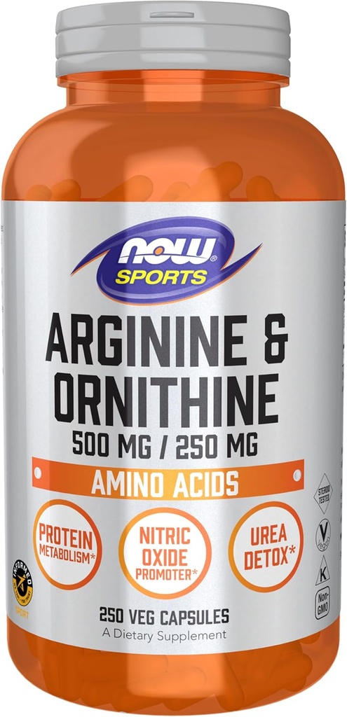 NOW Foods Sports Nutrition, Arginine & Ornithine 500/250 mg, Amino Acids, 250 Veg Capsules