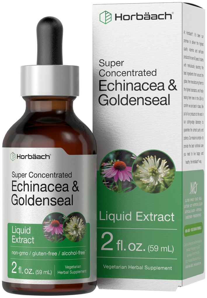 Horbäach Echinacea Goldenseal Vedel Tinktuur Tilgad | 2 fl oz | Alkoholivaba ekstrakt | Taimetoitlane, mitte-GMO, gluteenivaba lisand