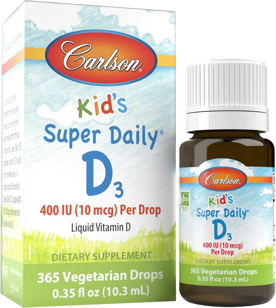 Carlson - Kid's Super Daily D3, Kids D-vitamiini tilgad, 400 RÜ (10 mikrogrammi) tilga kohta, südame tervis, immuunsuse tugi, taimetoitlane, vedel D-vitamiini tilgad, maitsestamata, 365 tilka