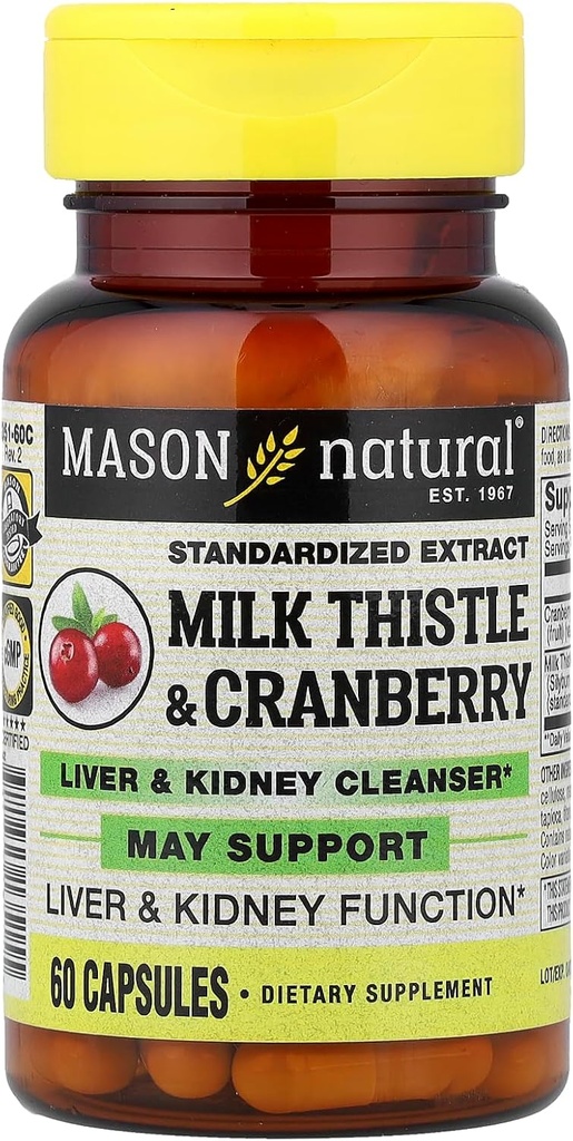 Mason Vitamiinid Piimaohakas / Jõhvikamaks ja neerupuhastuskapslid, 60 Count