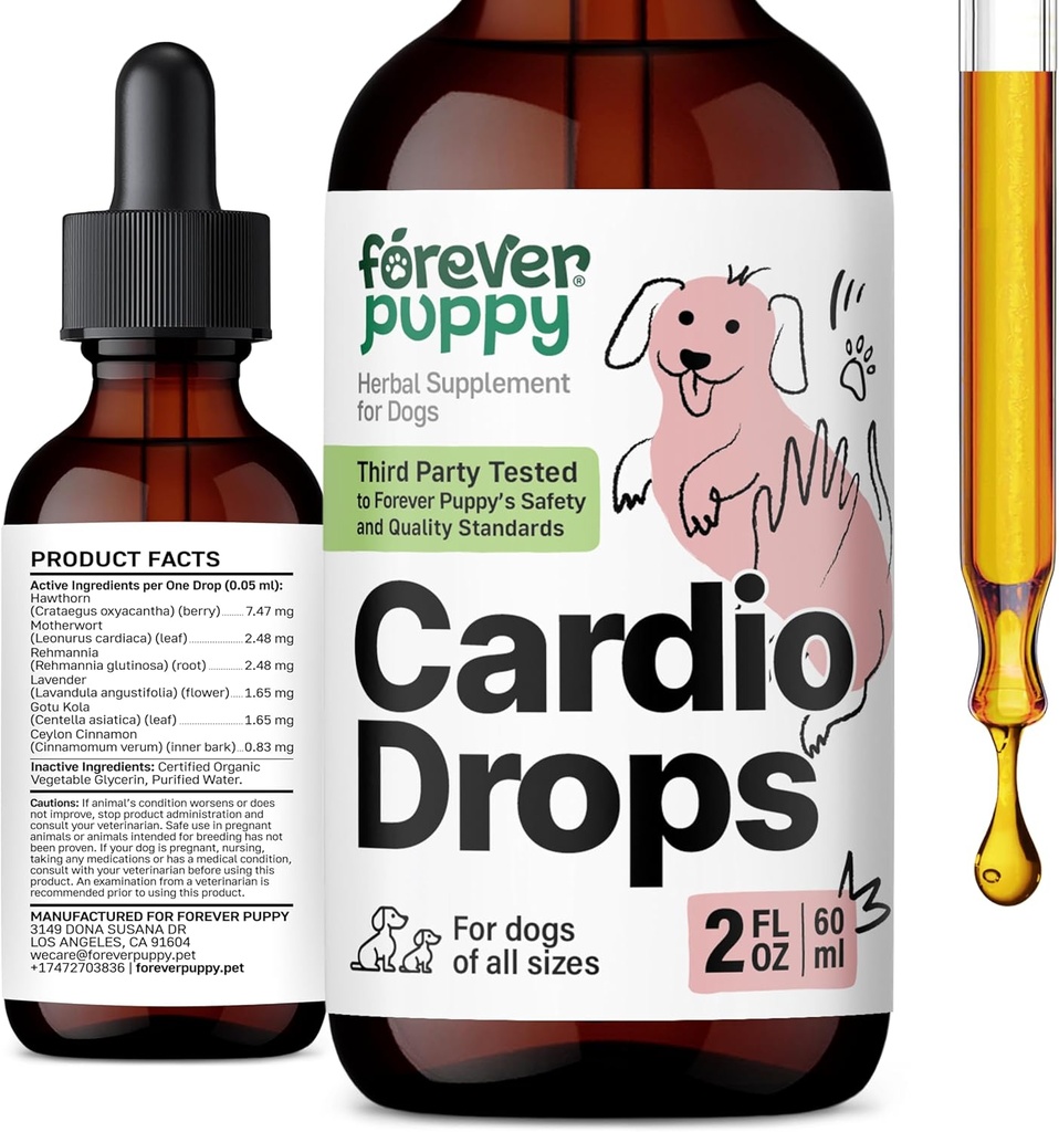 Forever Puppy Cardio tilgad koertele - Hawthorn Berry & Motherwort Herb - Vedel antioksüdandi lisand Gotu Kola lehed & Lavendli ekstrakt - 2 fl oz