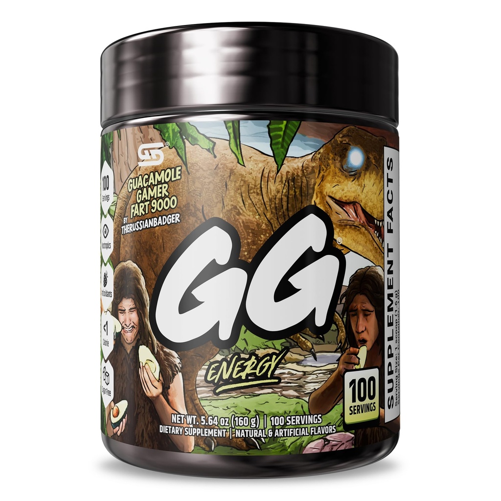 Gamer Supps GG® Energy - Guacamole Gamer Fart 9000 by TheRussianBadger (100 Servings) - Keto Sõbralik Mänguenergia ja Nootroopne Blend, Sugar Free + Orgaaniline Kofeiin + Vitamiinid, Pulber Jook