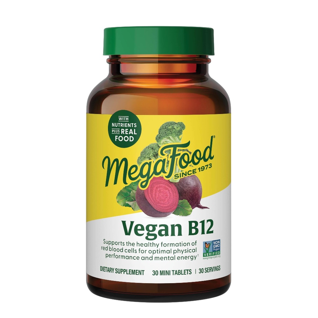 MegaFood Vegan Vitamiin B12, Vitamiin B Täiendus Vitamiin B6, B12 Vitamiinid ja foolhape, toetab rakuenergia tootmist, Närvisüsteemi Tervis ja südame-veresoonkonna funktsiooni - 30 tabletti