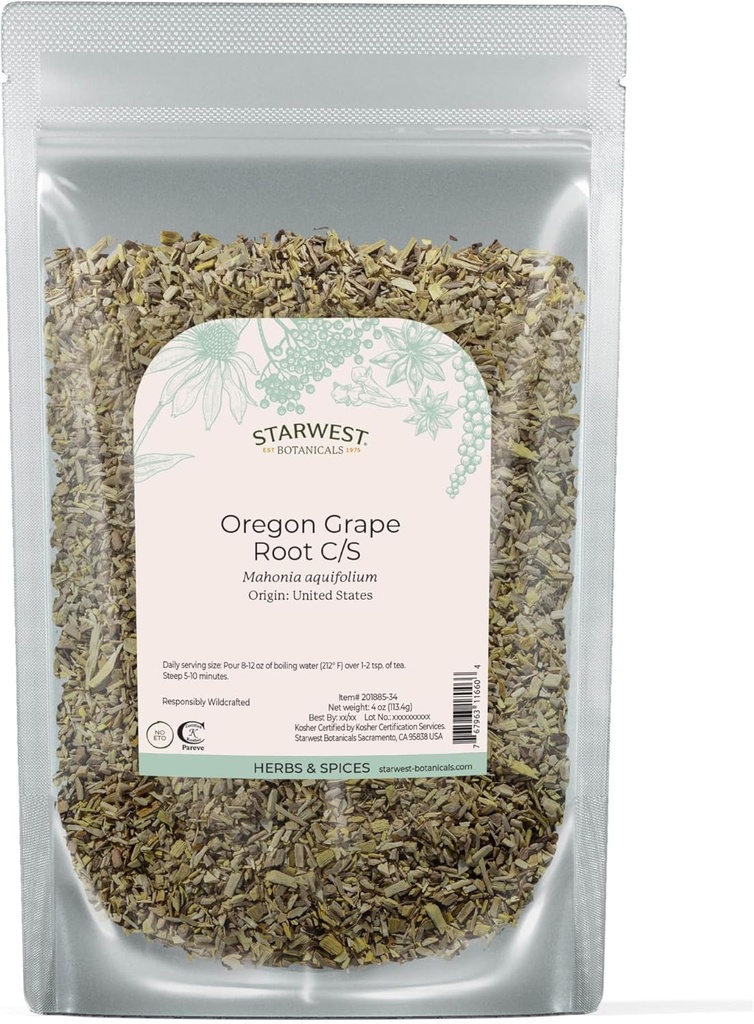 Starwest Botanicals Oregon Viinamarjajuur Wildcrafted - Kuivatatud lahtine maitsetaim tee, tinktuuride, kapslite ja Salvede jaoks, loomulik heaolu naistele ja meestele, lõigatud ja sifted, sertifitseeritud Kosher, Non-GMO - 4 oz Pouch