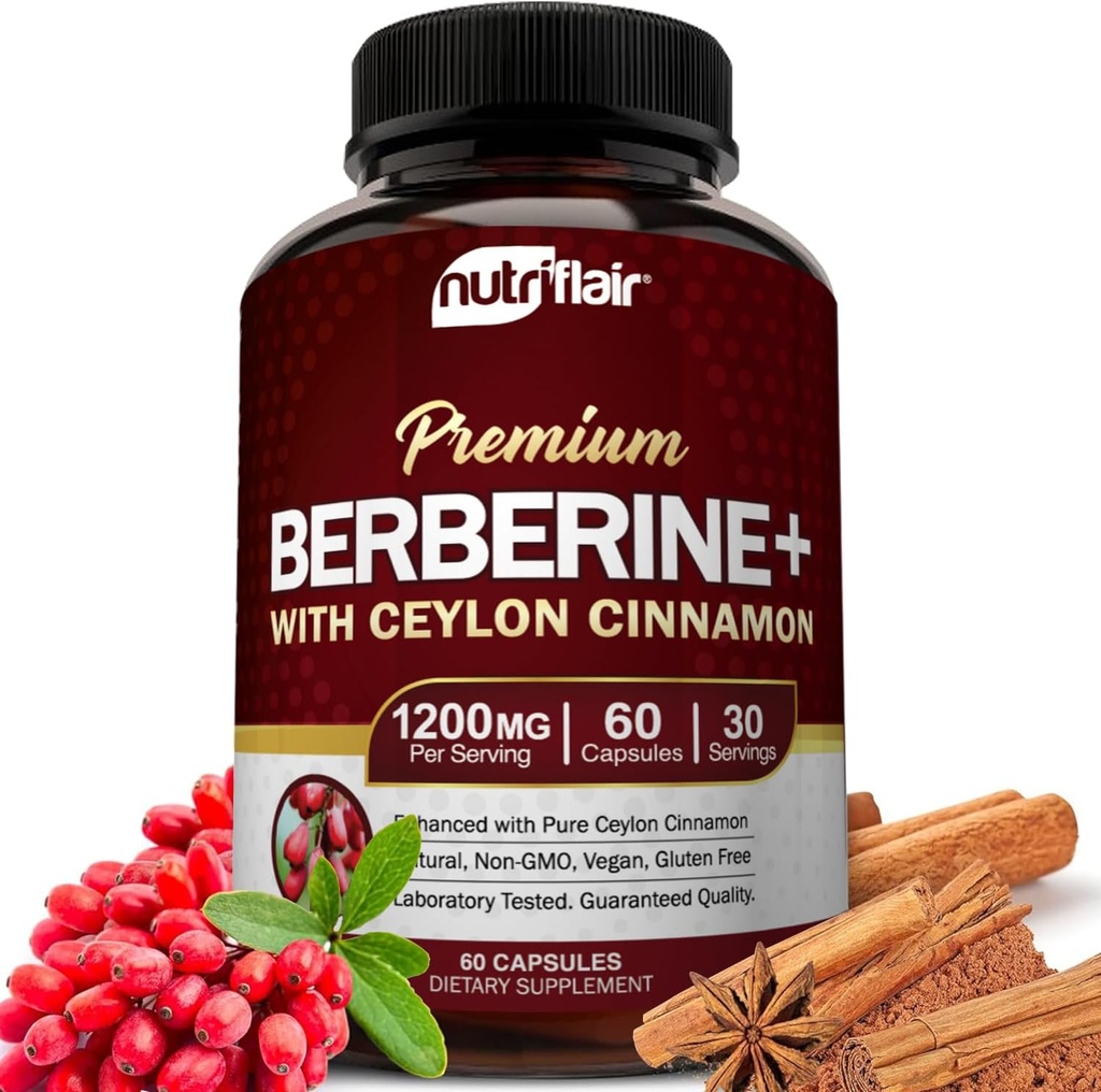 NutriFlair Premium Berberine HCL 1200mg, 60 kapslit - pluss puhas tõeline tseiloni kaneel, toidulisandid, immuunsüsteemi tugi