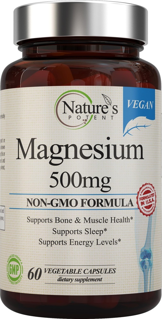 Looduse võimas magneesiumilisandid | Magneesiumtsitraat & magneesiumoksiid 500mg | Veganmagneesiumilisand naistele ja meestele | USA Made Magneesium Sleep Support - 60 Veggie kapslit