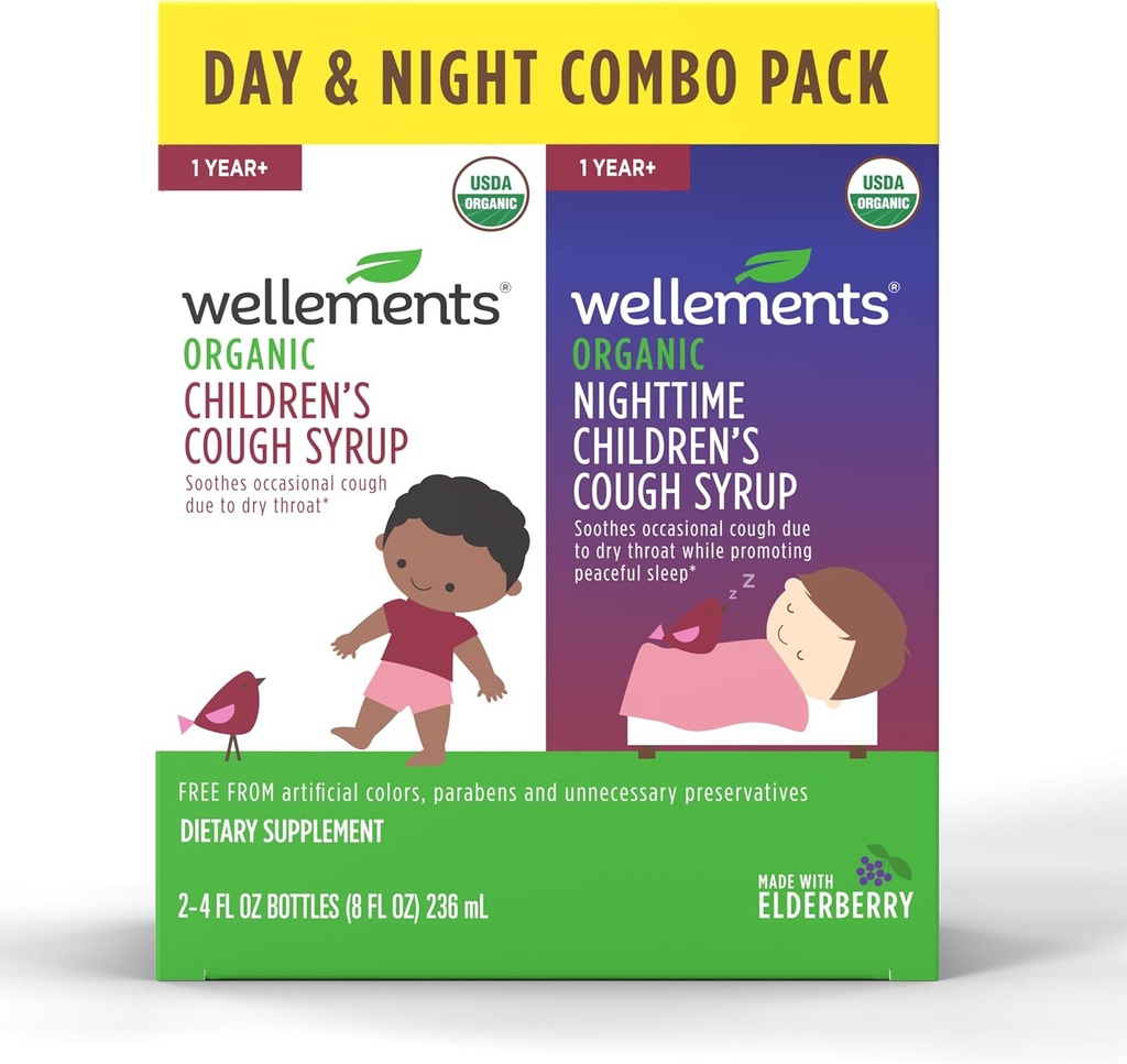 Wellements Organic Day & Nighttime Children's Cough Combo Syrup | Rahustav päev ja öine köha Relief USDA Organic | Value Pack (2) 4 Fl Oz. Pudelid, 1 aasta+