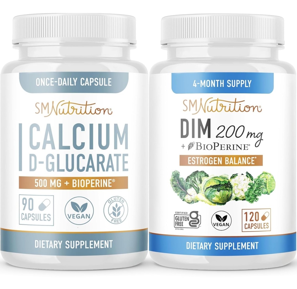SMNutrition 200mg DIM täiendus kaltsium D-glukaraadiga | Hormoonide tasakaalustamise komplekt DIM diindolüülmetaani kapslitega (120 serveerimist) ja Vegan Gluteenivaba mitte-GMO CDG lisandiga (90 serveerimist)