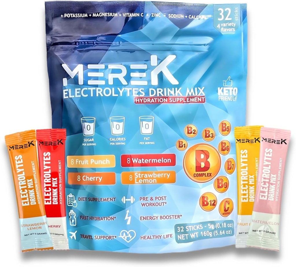 MereK elektrolüütide hüdratatsioonipulber Toidulisandid 32 kotid Lihtne avatud ühe serveerimine Ideaalne treeningu jaoks Oluline igapäevane hüdratsioon vajab suhkrut, kaloreid, Keto Sõbralik
