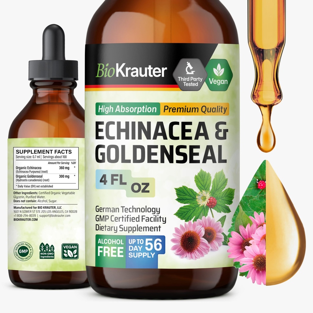 BIO KRAUTER Echinacea ja Goldenseal Root Vedelik Ekstrakt - Natural Immune Support - Echinacea tilgad Goldenseal - Vegan, Alkohol & Sugar Free Tinktuur - 4 Fl.Oz.