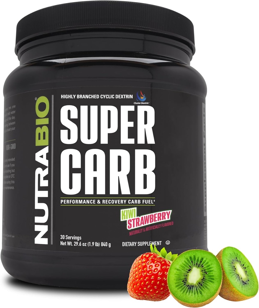 NutraBio Super Carb, Süsivesikud Pulber klastriga Dekstriin & Elektrolüüdid, Advanced Carb Supplement Pulber treeningu kütus, jõudlus ja lihaste taastamine, Tsükliline Dekstriin, Kiwi Maasikas, 30 Sv
