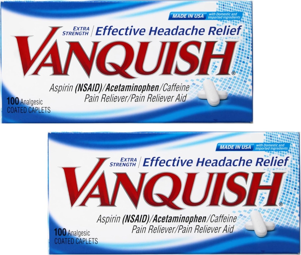 Vanquish Extra Tugevus Peavalu ja valu leevendamine, atsetaminofeeni, aspiriini ja kofeiiniga | Digitaalne silmatüvi | 100 loend, pakend 2