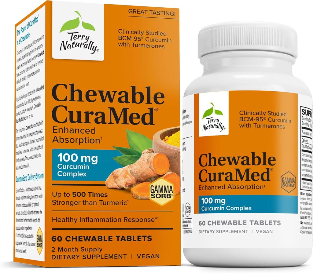 Terry looduslikult CuraMed 100 mg kurkumiini kompleks - tõhustatud imendumine kurkumiini lisand kurkumidega - aju ja maksa tervisetoetuslisa - vegandieet - 60 närimistabletti