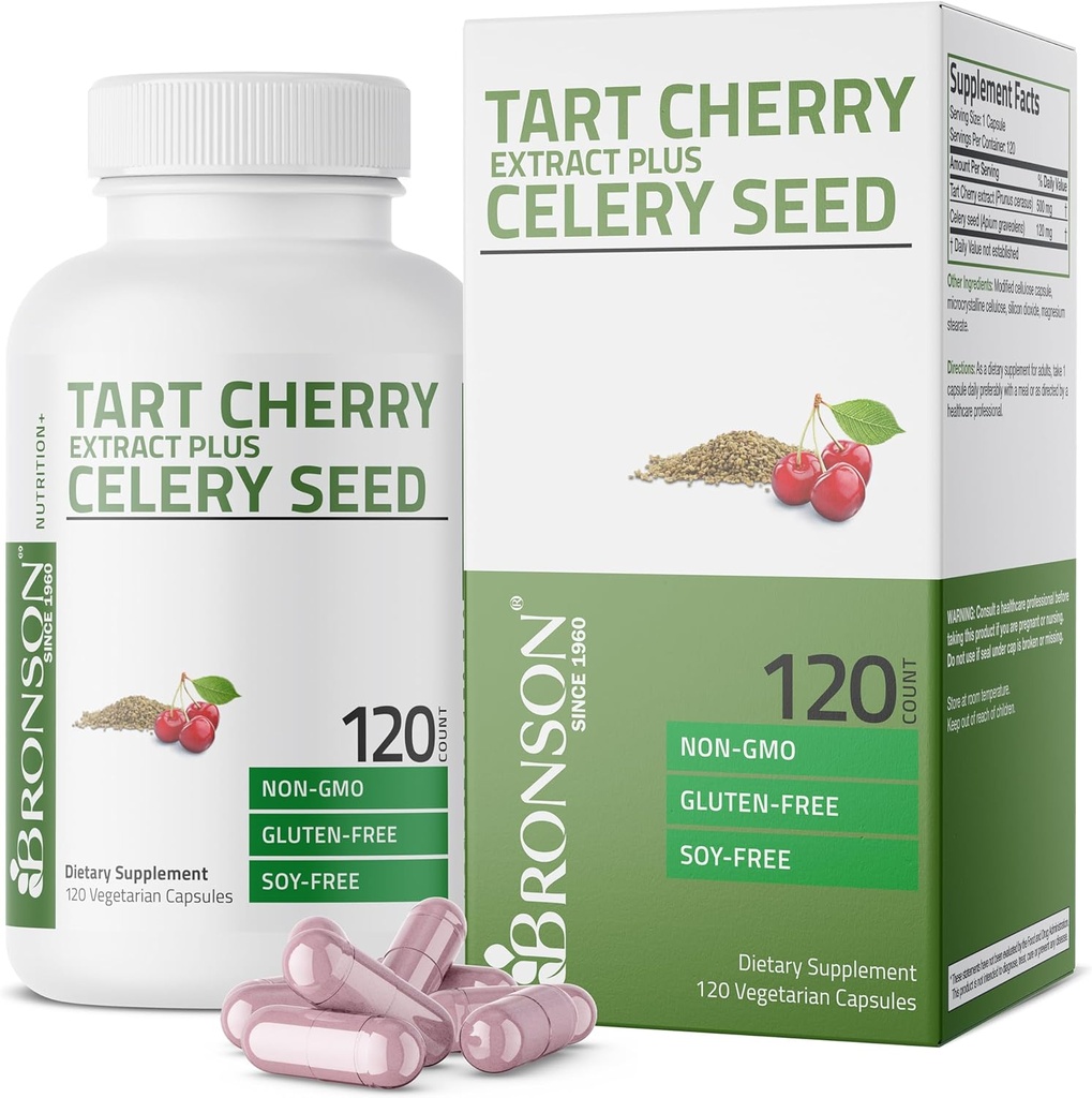 Bronson Tart Cherry Extract + Selleri Seed Kapslid - Võimas Uric Acid Cleanse, liigeste liikuvuse toetamine ja lihaste taastamise täiendus - Mitte GMO valem, 120 taimekapslit