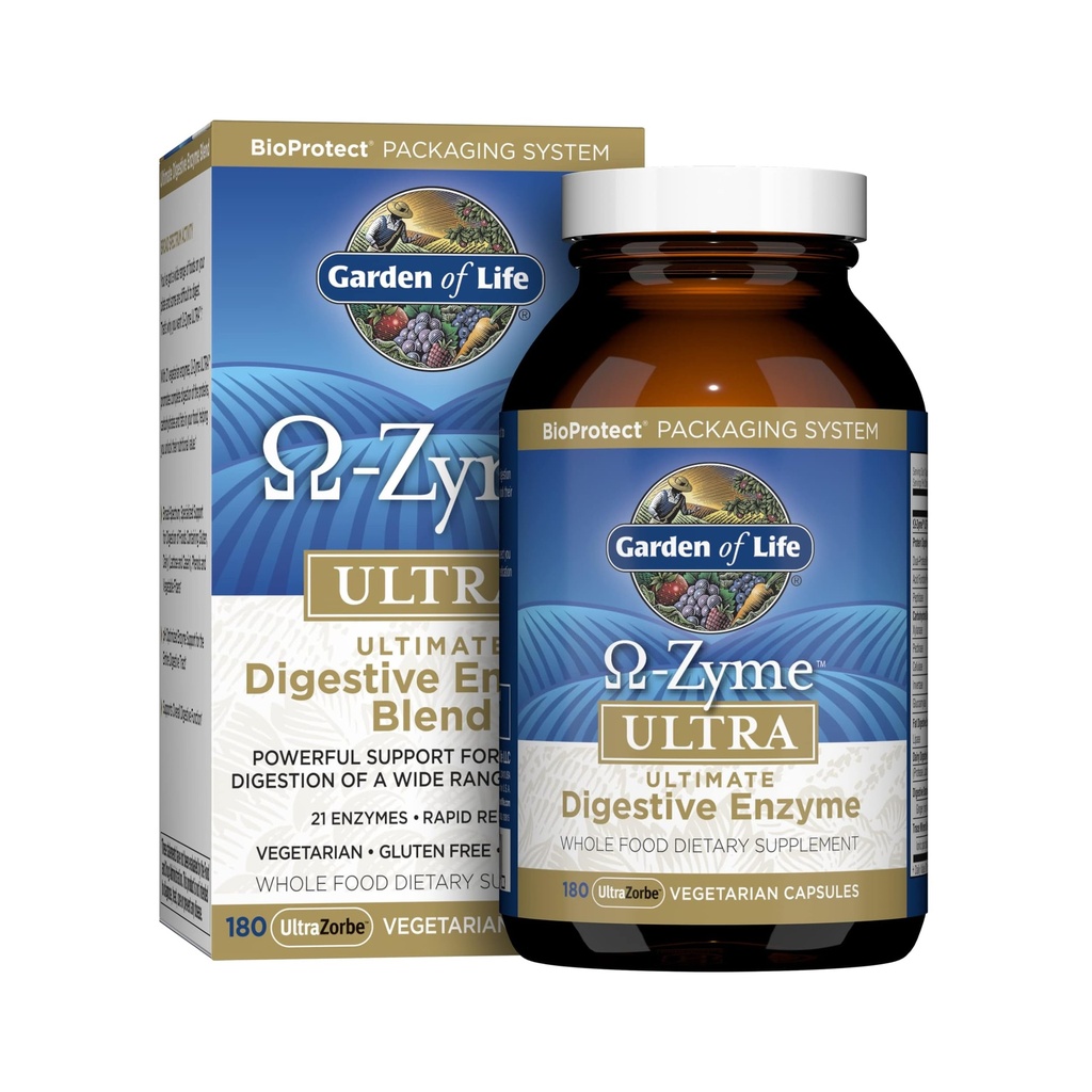 Eluaed 21 võimsad seedeensüümid papaiini, bromelaini, lipaasi, ingveriga, kurkum valkude, süsivesikute ja rasvade täielikuks seedimiseks - Omega-Zyme ULTRA, Gluteenivaba, taimetoitlane, 180 kapslit