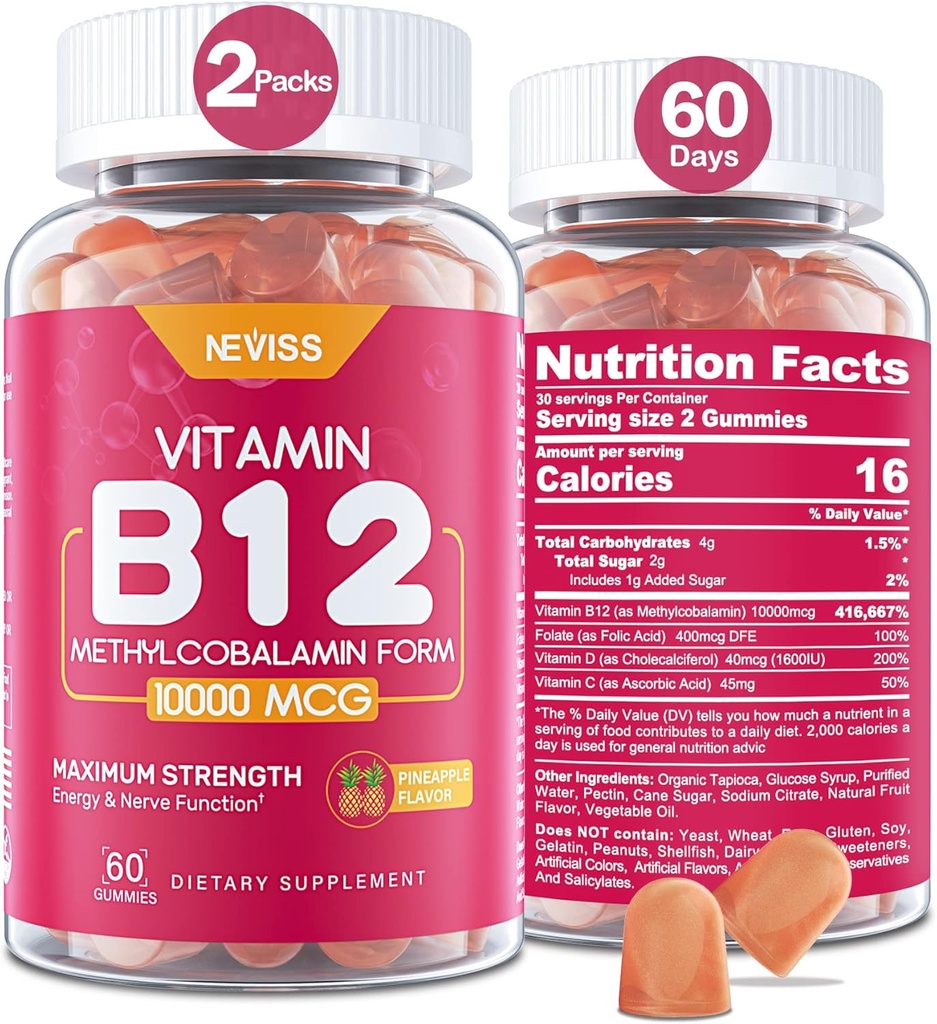 NEVISS Vitamiin B12 10000 mcg (metüül B12) Kummid vitamiin D3, B9 Vitamiin Folaat, vitamiin C, energia suurendamiseks ja ainevahetuseks, närvisüsteem, tugev luu, immuunsuse tugi, madal suhkur, 120 loend