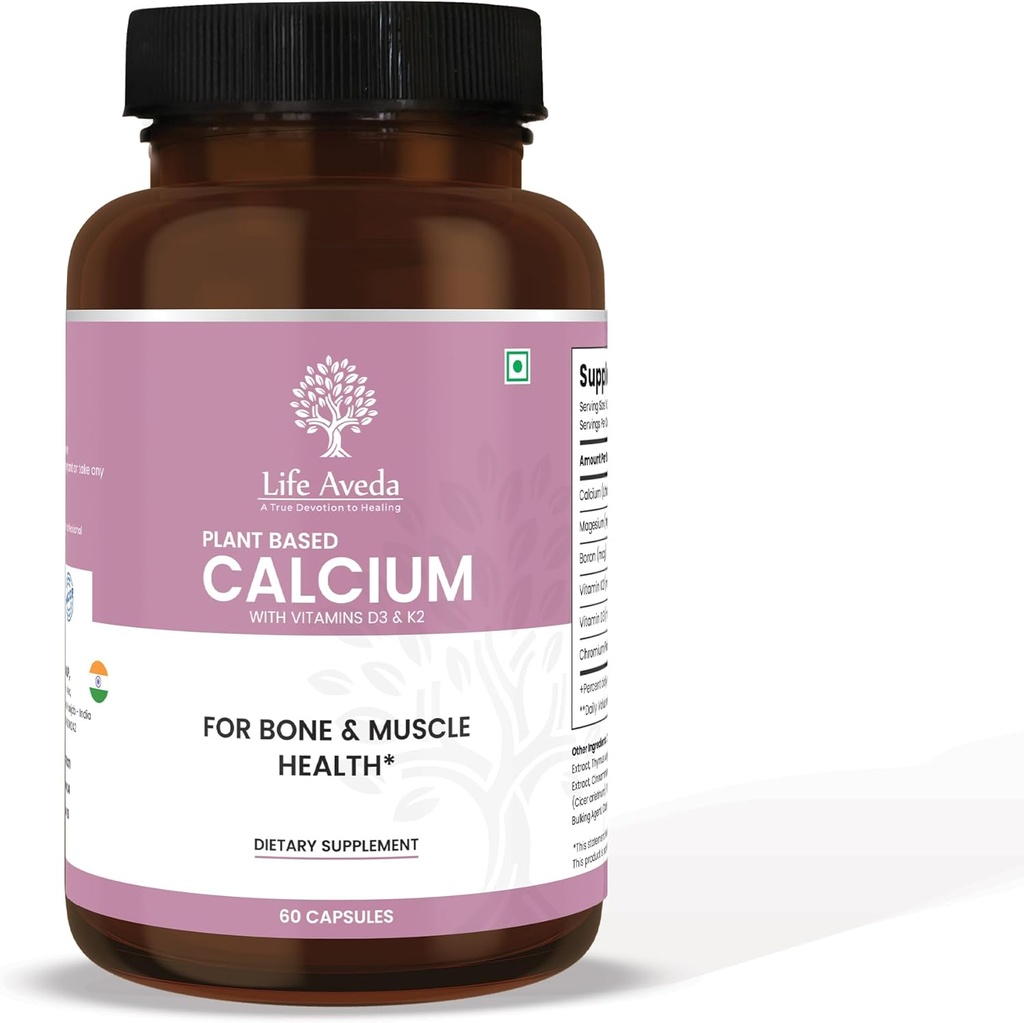 Life Aveda Taimepõhine Kaltsiumilisandi Vitamiin D3, K2 ja Magneesium | 500mg | Luu tugevus, liigeste tervis, hambad ja lihasfunktsioon | 60 Veg kapslid | 3X Kaltsiumi imendumine meestele ja naistele
