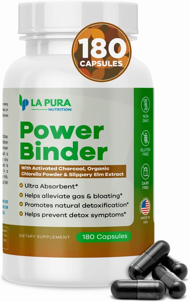LaPura Power Binder Blend – Detox & Cleanse koos aktiveeritud söega, orgaaniline Chlorella Pulber & Slippery Elm Extract – aitab leevendada gaasi ja puhumist – soodustab looduslikku detoksifitseerimist - 180 kapslit