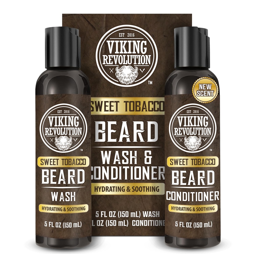 Viking Revolution Beard Wash and Beard Conditioner for Men with Argan Oil and Jojoba Oil - Beard Softener and Stronger Bear Care Beard Shampoo and Conditioner with Bear Oil (5oz, Sweet Tobacco)