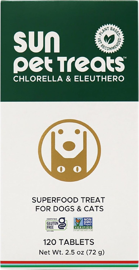 Sun Chlorella Sun Pet Treats Green Superfood Cat & Dog Supplement - Chlorophyll Eleuthero & Lecithin, Minerals, Antioxidants & Vitamins for Dogs & Cats - Immune Defense, Skin & Gut Health - 120 Bites