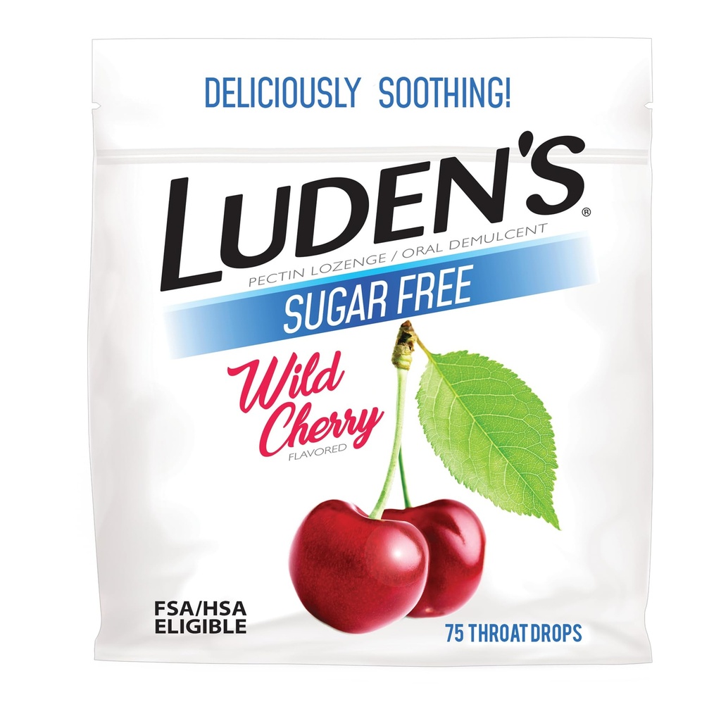 Luden's Sore Throat Relief Lozenges väikeste igapäevaste ärrituste ja kuiv suu, Sugar Free Wild Cherry Maitsestatud tilgad, 75 Count