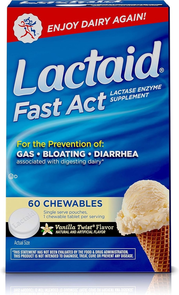 Lactaid Fast Act Laktoosi tolerants närimistables koos laktaasi ensüümidega, Vanilla Twist, 60 Pks 1-ct.