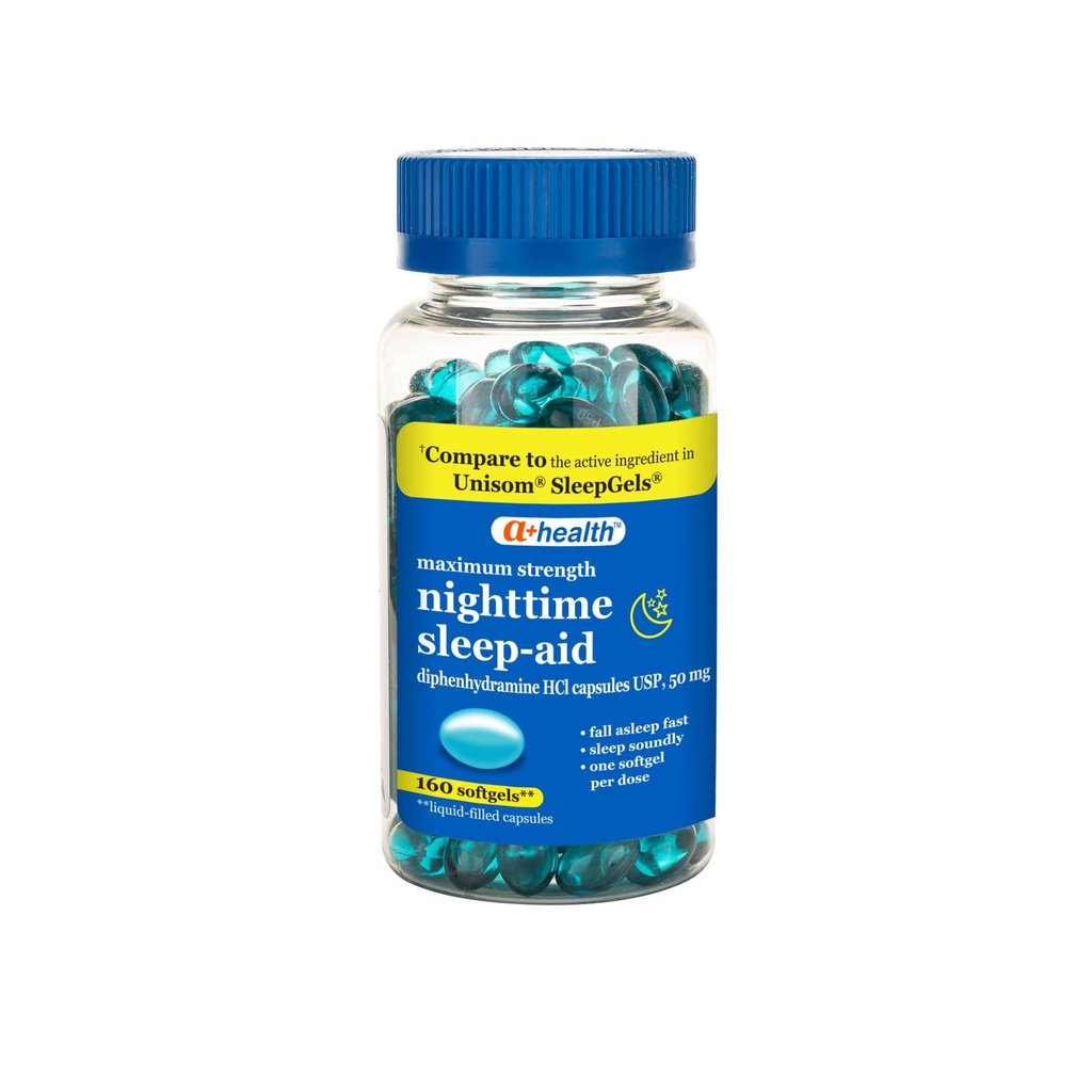 A + Health Nighttime Sleep Aid Difenhüdramiin 50mg Softgels, Maksimaalne tugevus, 160 Count