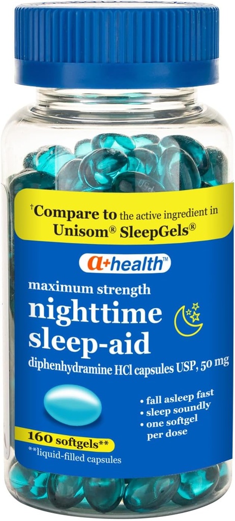 A + Health Nighttime Sleep Aid Difenhüdramiin 50mg Softgels, Maksimaalne tugevus, 160 Count