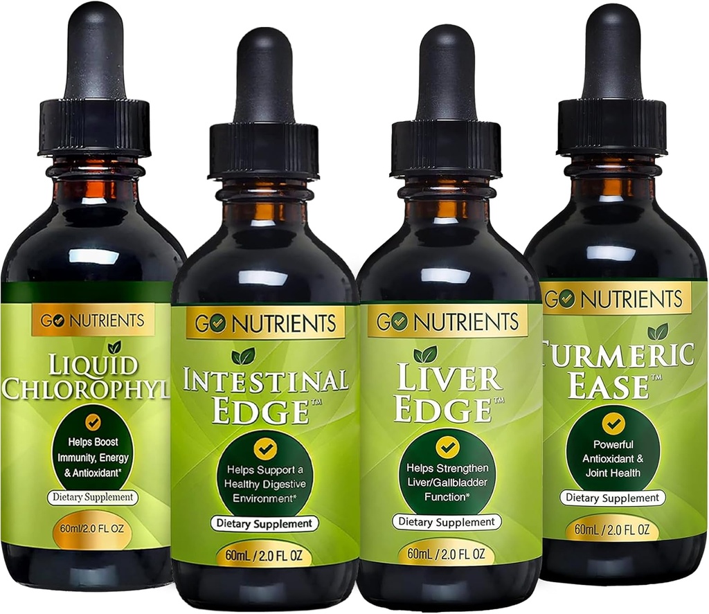 Go Toitainete Digestion & Detox Bundle - Vedel klorofüll, maksa serv, soole serv, kurkumi kergus - toetab puhastamist, seedimist, maksa tervist ja keha kaitset, elavdab nahka