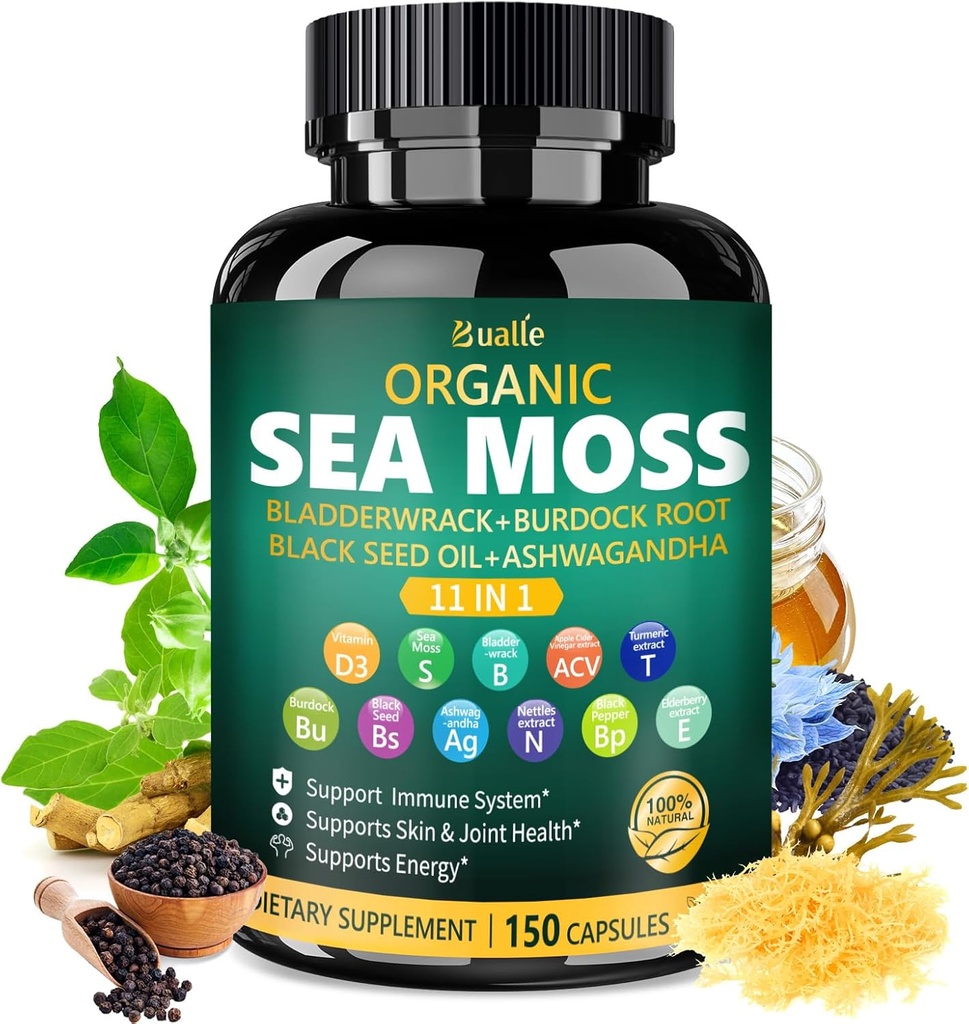 Bualle Irish Sea Moss Capsules – Organic Sea Moss, Black Seed Oil, Ashwagandha Toidulisandid Põiewrack, Ingver & Burdock Juur – Toetab Daily Wellness, Skin & Energy – 150 kapslit (1 Pack)