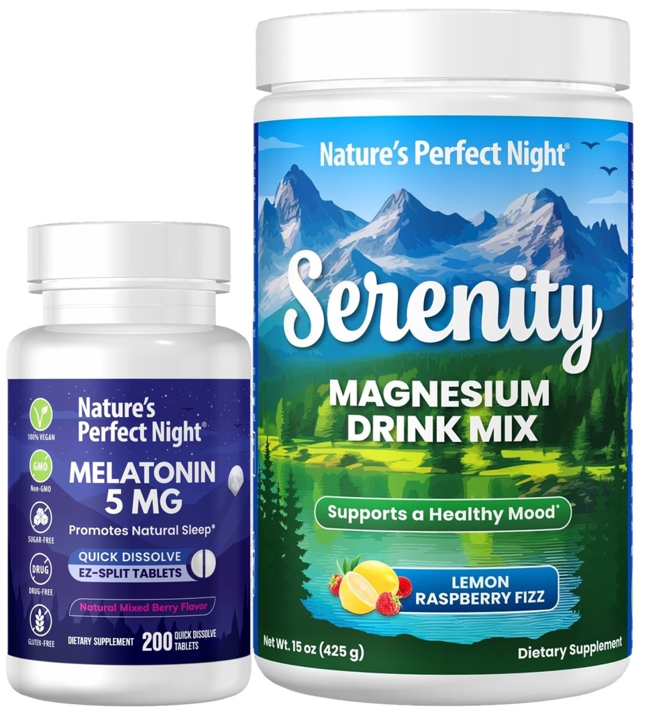 Looduse täiuslik öö Melatoniin 5mg Kiiresti Lahutatav Segatud Berry 200 Count Serenity Magneesium Pulber 15 oz Sidrun Vaarika