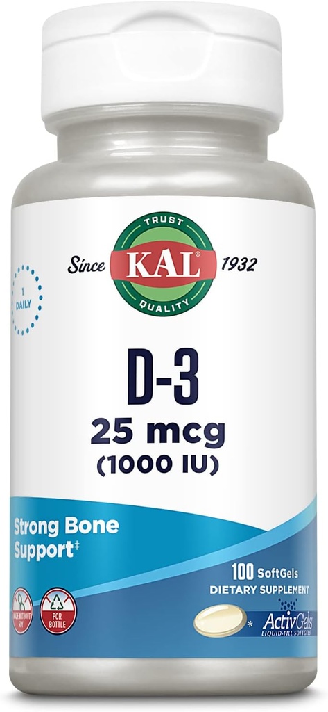 KAL Vitamiin D3 1000 IU Softgels (25 mcg), D-vitamiini aktiivne vorm, kaltsiumi imendumine, luu tervis, immuunsuse tugilisand, vedel täidisega ActivGel, valmistatud ilma soja, 100 serveerimist, 100 Softgels