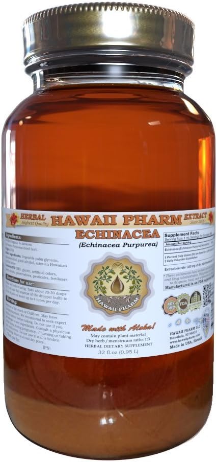 Hawaii Pharm Echinacea Liquid Extract, Organic Echinacea (Echinacea Purpurea) Tinkcture Supplement 32 oz Filtreerimata