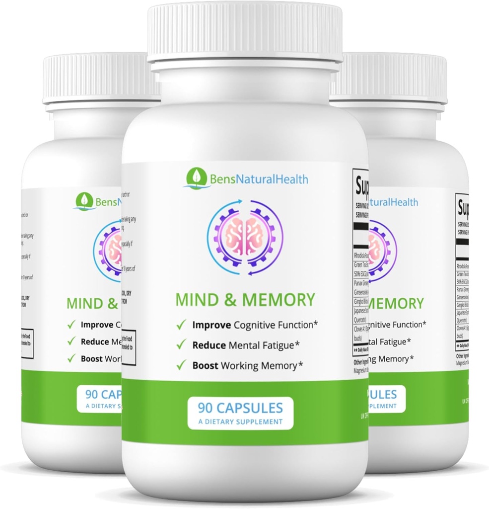 Ben's Natural Health Mind & Memory Supplement, Nootropic Brain Support with Rhodiola, Green Tea, Cloves & Quercetin, 90 Capsules, 3 Pack