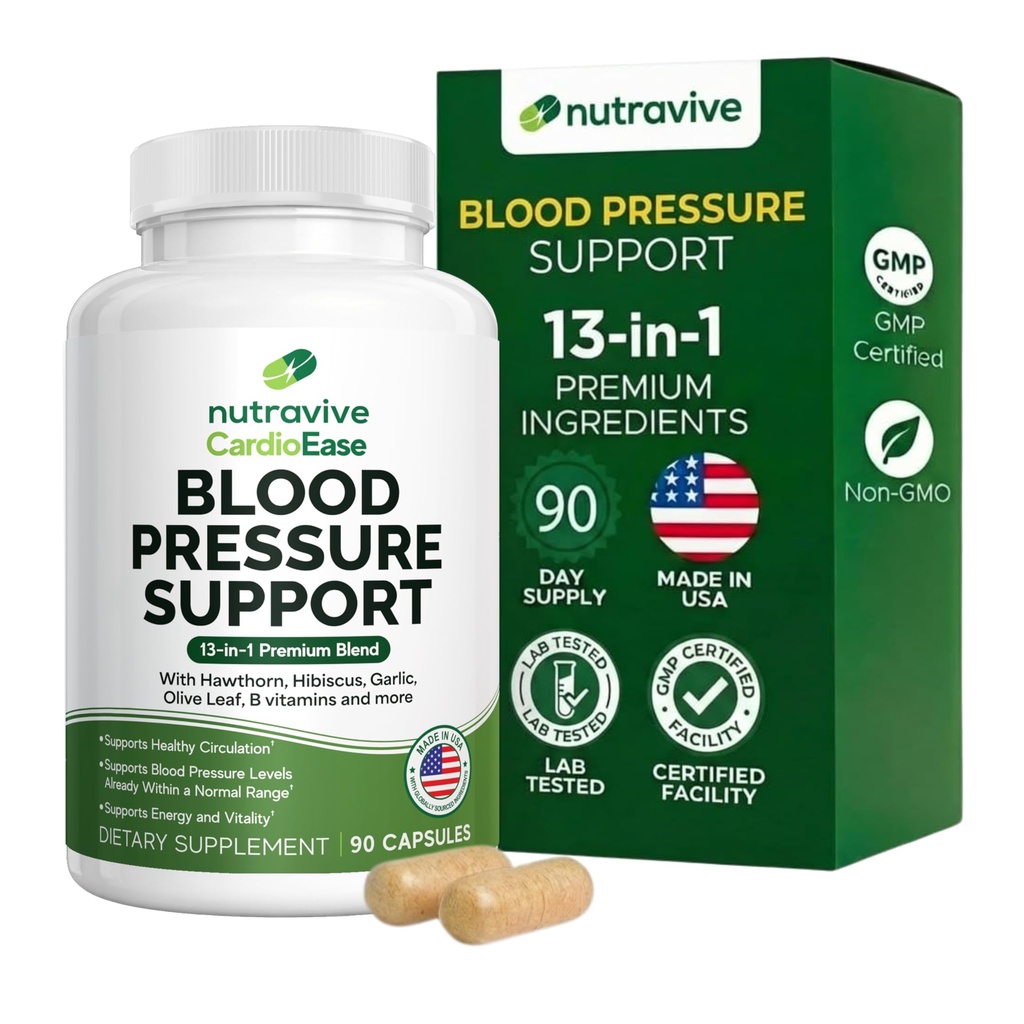 Nutravive vererõhku toetav lisand - looduslik südame ja vereringe toetus Hawthorni, küüslaugu, Olive Leafi, Hibiscus & B12 - USA Made, GMP rajatis - 90 kapslit