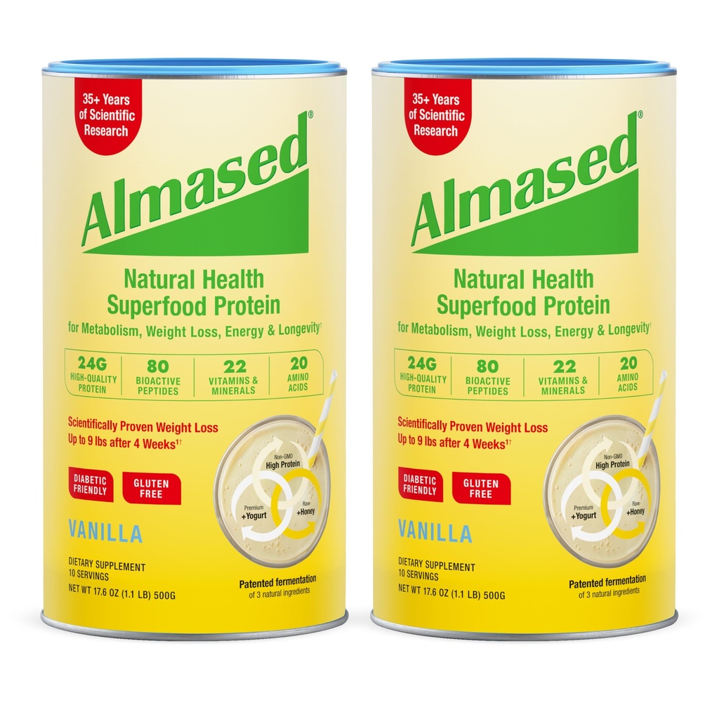 Almased Vanilla Meal Asenduskoks - Madal-glütseemiline Kõrge Taimebaas Valgupulber- Toitumisalane Kaalu Tervisetoetus Täiendus - Vanilla Lõhn - 17,6 oz (1,1 naela (2 Pack)