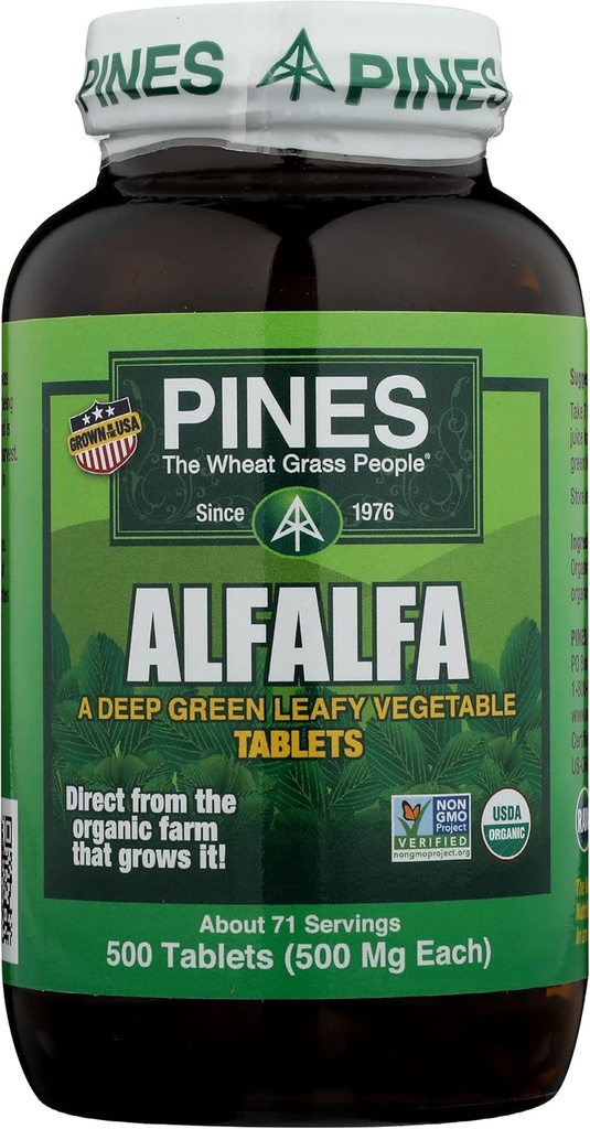 Pines Alfalfa tabletid, originaalne roheline supertoit, USDA orgaaniline, gluteenivaba ja mitte-GMO, 500 mg igaüks, 500 tabletti