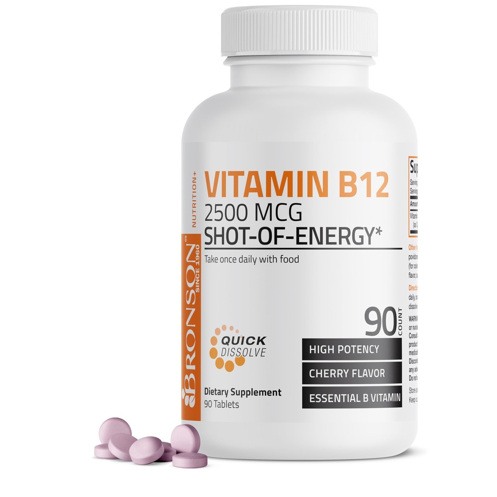Vitamiin B12 2500mcg Shot of Energy Fast Lahustuvad närimistabletid - Kiiresti vabastav kirsi maitsestatud sublingvaalne B12-vitamiin - toetab närvisüsteemi, terve aju funktsiooni energiatootmist - 90 loend