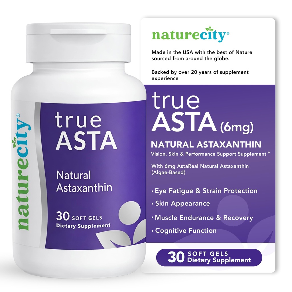 NatureCity TrueAsta 6mg astaksantiini lisand koos AstaRealiga | toetab silma, nahka, liigeseid, lihaseid, aju ja verevoolu | vetikapõhine antioksüdantide lisand | Mitte-GMO, gluteenivaba | 30 pehmet geeli