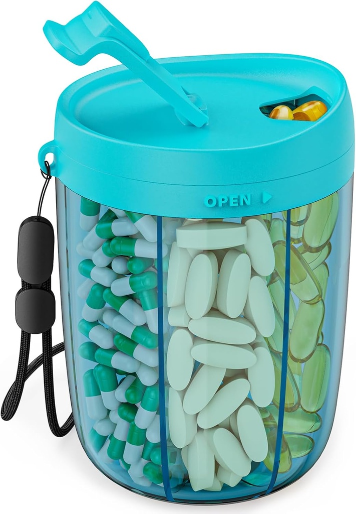 PULIV Suur Pill Pudel Korraldaja, täiendus Korraldaja hoidmiseks 6 erinevat vitamiini, Pill Box Juhul Anti-Mixing & Wide avamine disain, lihtne saada ravimeid ja 20 Tcs Stick-on etiketid, sinine