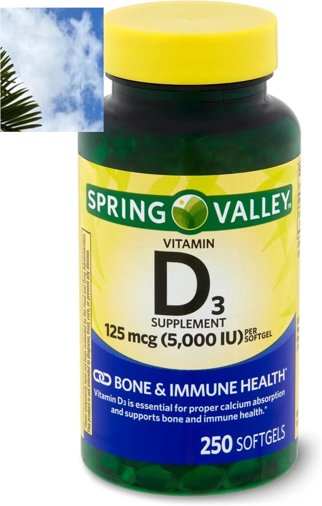 Spring Valley Vitamiin D3 Softgels, 125 mcg Softgel, 5000 RÜ, 250 Count
