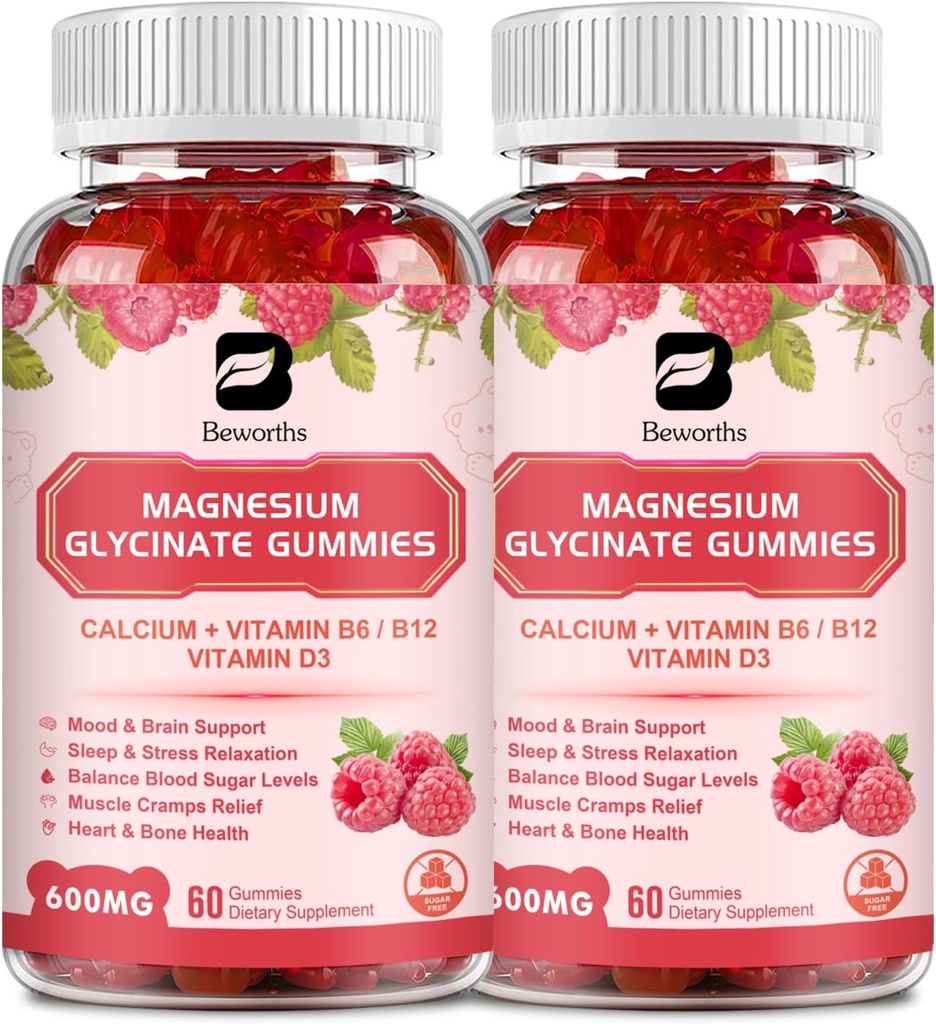 (2 Pack) 600 Mg Magneesium Glütsinaat Gummies, Magneesium Supplement Complex Magneesium Malate, Magneesiumtsitraat & Kaalium, Toetab Öö ja ühine, Energia Boost, Vegan & 0-Sugar, Vaarika 120 Count
