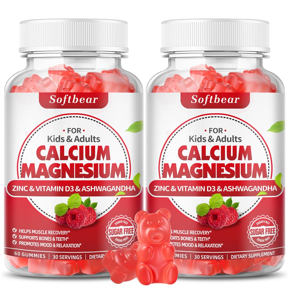 pehmekaru Kaltsium Magneesium Tsink Gummies täiskasvanutele ja lastele, Suagr-Free Kaltsium Magneesium Tsink D3 Täiendus Luu tugevus & Immuunsus Tervis, Vaarika Maitse 120 Count