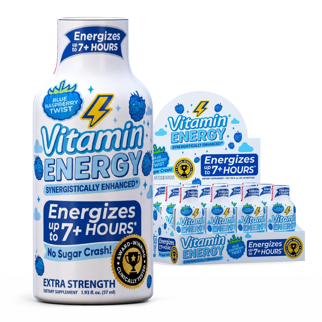 Vitamiinenergia Immuunsus + ekstra tugevus Energia Shot Blue Vaarika 12 Pack, 260mg looduslik kofeiin, B-vitamiinid, tsitikoliin, roheline tee, immuunsuse ja fookuse toetus, null suhkur, gluteenivaba 1,93 fl oz