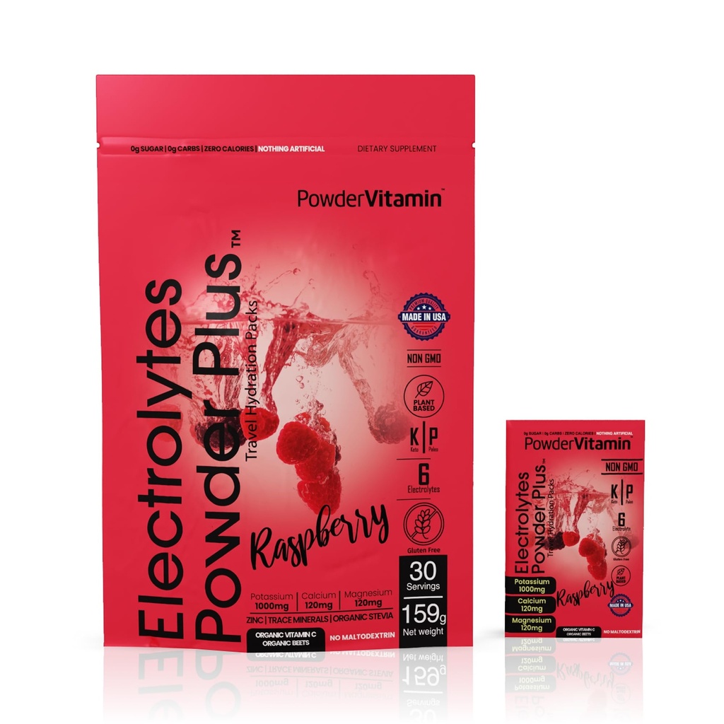 PowerVitamiin Elektrolüüdid Pulber paketid - Vaarika - Keto elektrolüüdid igapäevaseks energiaks - Hüdratsioonipulber 1000mg kaaliumi, 120mg magneesiumi, nullkalorid - 30 Hüdraadipaketti