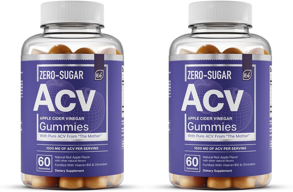 Olulised elemendid Zero-Sugar ACV Apple Sider Äädikas Gummies alates "Ema" - looduslikult tellitud, Vegan ACV Gummies koos Chromium 60 Count (2-Pack)