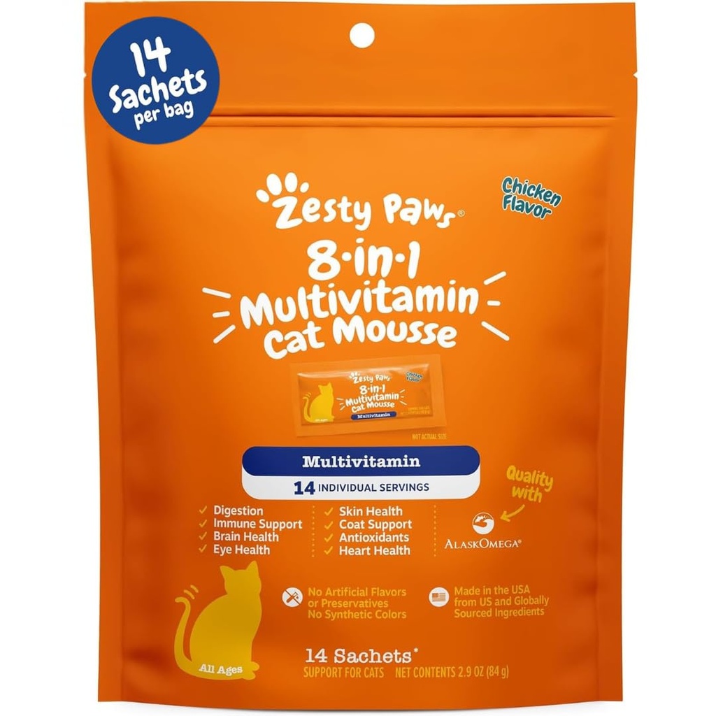 Zesty Paws 8-in-1 multivitamiini Kass Vitamiinid ja täiendused Mousse - Kassi vitamiinid siseruumides kassidele - Tervislik ravi Squeeze Up soolestiku, immuunsüsteemi, südame, naha ja karva tugi - Kana 14ct