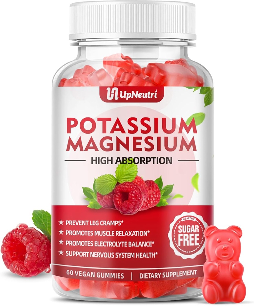 Kaalium Magneesium Supplement Gummies täiskasvanutele lastele, Suhkruvaba Kaalium tsitraat Gummies Toetab Jalakrampe & Lihased & Südame Tervis, Vegan Magneesium Glütsinaat Gummies Vaarika Maitse 60 Cts